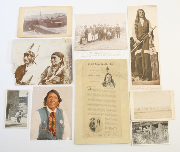 GROUP OF AMERICAN INDIAN PHOTOS: Lot of nine, including a circa 1891 albumen cabinet card with period pencil inscription on reverse reading “Indian School Pierre” (South Dakota) that taught Crow Indian children from 1891 until 19