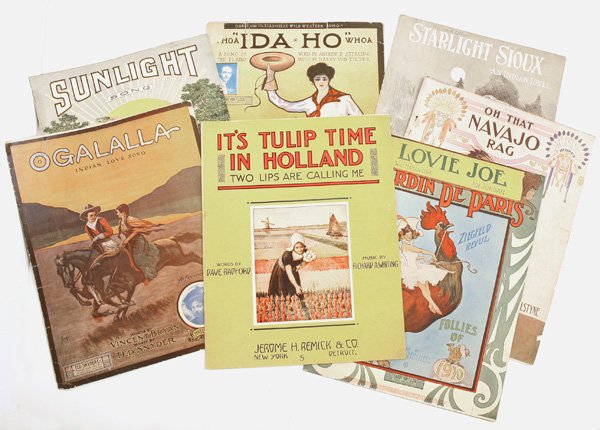 ILLUSTRATED WESTERN THEME SHEET MUSIC: Lot of 7, all 11 x 14” with chromolithographed covers. Titles include the following: “Ogalalla Indian Love Song” by Vincent Bryan & Ted Snyder; “Sunlight Song” by Oliver L. Fields & Harry L.