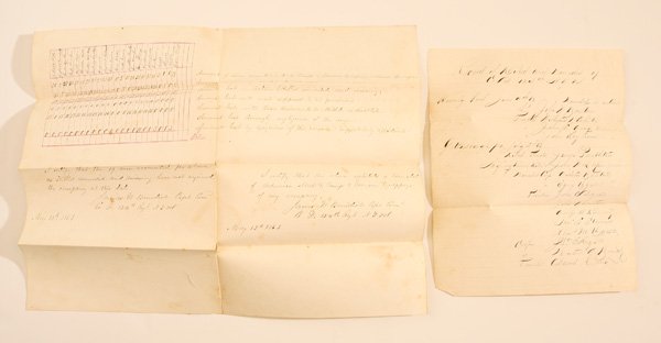 DOCS 124 N.Y. VOL. INF. INCL. KIA GETTYSBURG: Lot of 2, including a inked Ms document on single lined letter sheet reading “Record of Killed and Wounded of Co. D 124th N.Y. Vol. Beverly Ford June 9th 63 Wounded in action Lt. John W. Houston” 