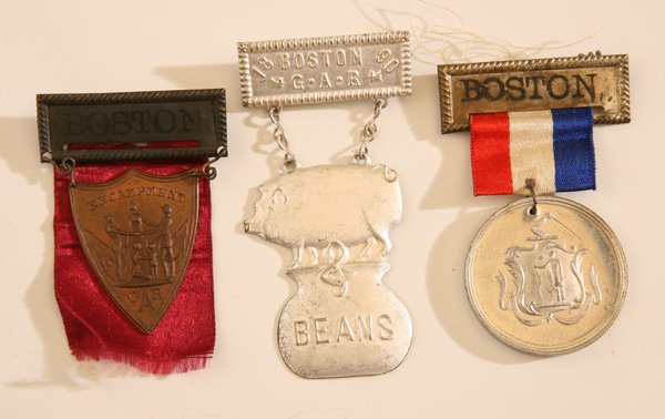 THREE BOSTON GAR MEDALS: Including a silvered brass medallion with State seal of Mass. On verso and reverse with crossed rifles with fitted bayonets and soldiers pack with surrounding inscription reading “24th Natnl. G.A.R.