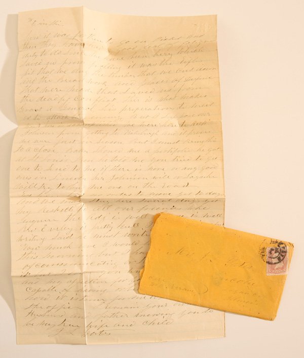 106TH ILL. INFANTRY MS CIVIL WAR LETTER: Written by James L. Yates, who enlisted in Co. C, 106th Illinois Infantry in 1862. Letter with cover, written to his wife and child is dated July 25th & 26th, 1863, Snyders Bluff, Mississippi and begi