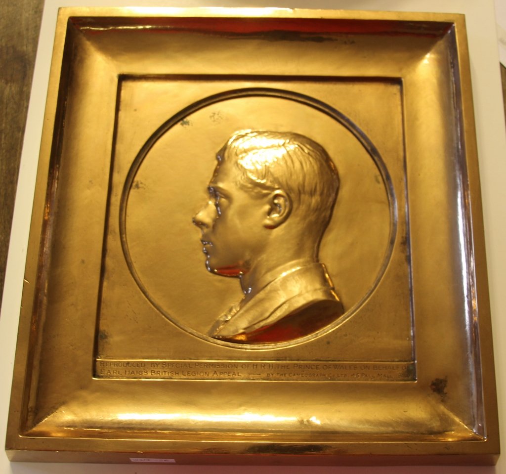 EARL HAIG FUND BRONZE OF EDWARD VIII: A fine cast bronze relief plaque, 12.75” square of H.R.H. The Prince of Wales (Edward VIII), with text below reading “Reproduced by Kind Permission of H.R.H. The Prince of Wales on Behalf of Earl 