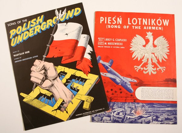RARE WWII FREE POLISH ARMY SHEET MUSIC: Lot of two, both with wonderful chromolithographed covers, one entitled “Piesn Lotnikow/Song of the Airmen” showing B-24 Liberator bomber on low level attach run; 2nd entitled “Song of the Polis