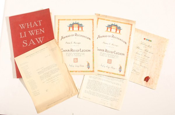 WWII CHINA RELIEF DOCS W/PEARL S. BUCK & MADAME CHIANG: Lot of 10 including two DS with Madame Chiang Kia-shek autographs and two DS with Pearl S. Buck autographs, plus other documents related to this relief organization including a book entitled What Li W
