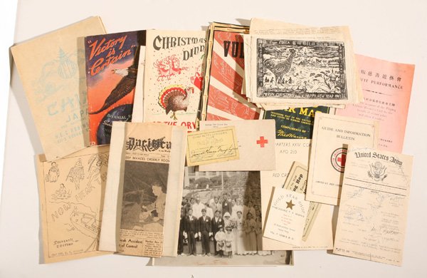 POST WAR ASIAN OCCUPATION ARCHIVE: Lot of 24 items, from Japan, China and Korea. Including military menus, including autographed example, hand-made Christmas & New Years cards, Red Cross Bulletin, maps of Japan, Korea, China, & world, 