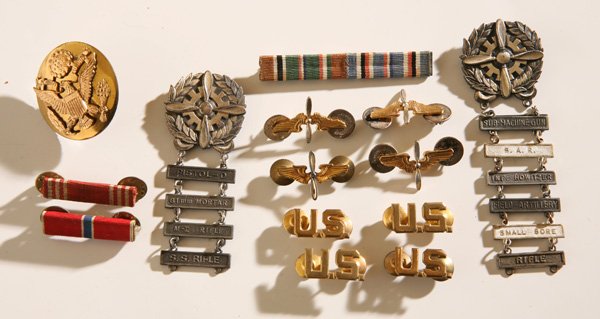 WWII ARMY AIR CORPS MEDALS PLUS: Lot of 15 including two sterling technicians AAC medals with marksman hangers including 4 hangers on 1st including “Pistol-D; 81mm Mortar; M-1 Rifle; S.S. Rifle” and 7 hangers including “Machine