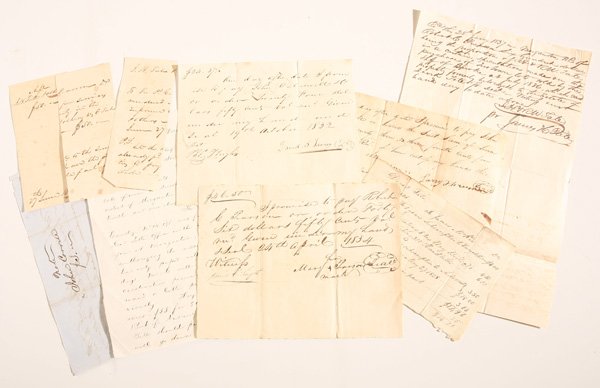 PRE-CIVIL WAR TATE FAMLY BURKE CO., N.C. ARCHIVE: This archive includes 8 inked manuscript documents and letters from the Tate family. Including a two page letter to Samuel McDowell Tate, Burke Country, N.C. who was a Lt. Colonel in the 6th N.C. Infa