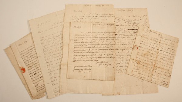 1770’s LETTERS OF MISS SALLY BURR, AARON BURR'S SISTER: Lot of 7 manuscript letters all on hand made laid paper, some with watermarks. Sally is the older sister of the 3rd Vice President Aaron Burr. The earliest dated of these letters is dated Feb. 15, 177