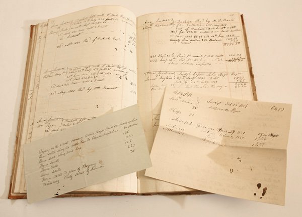 MS LEGAL CASE BOOK 1811-1861 ERIE, PA.: This 8 x 13” case book for the town of Waterford, Erie Co., Penn. Spans the period of 1811-1861. It is half leather bound with plain boards and has hand-made laid paper ledger lined pages, with 30 p