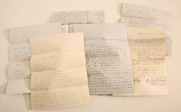 1848-52 JONATHAN BACON ARCHIVE: Lot of 7 inked manuscript letters. The first letter is dated Jan 11, 1848 addressed to Mr. Jonathan Bacon Lawrence, Mass. from his sister Elizabeth W. Bacon, in Natick, Mass., a single folded letter s