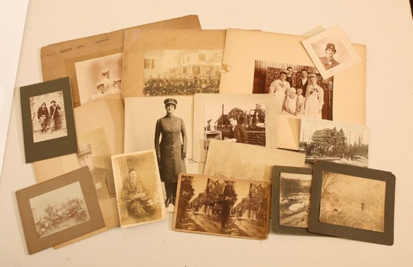 LG. GROUP OF AMERICAN OCCUPATIONAL PHOTOS: Lot of 15, including albumen railroad construction crew at locomotive; plus ditch diggers with shovels; plus female police officer; plus nurses; plus fire department group photo; plus policeman in hel