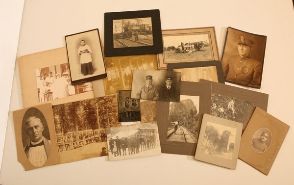 AMERICAN OCCUPATIONAL PHOTOS: Lot of 17 including a nice circa 1880 cdv sized tintype of two men in worn leather aprons; photo of model makers of an observatory with telescope, miners, steam engine mechanic, several railroad, surv