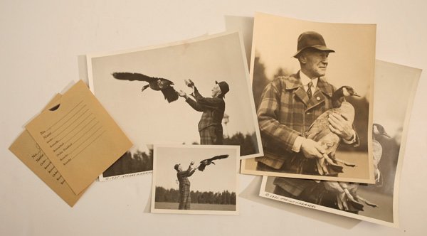 PHOTOS OF JACK MINER CANADIAN NATURALIST: Lot of 4, three are 7.8 x 9.65” silver print photos of Jack with Canadian goose, two marked along margins “copyright 1935, Norman H. Hammerl”, Detroit, Mich., all with inked inscriptions on rear