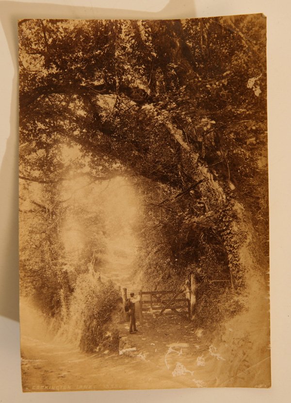 SCENIC PHOTO BY JULIA MARGARET CAMERON: A period cabinet card sized (4” x 6”) albumen photograph on printing out paper of an English country scene of hiker opening a gate to a wooded country lane, pencil inscription on reverse reading �