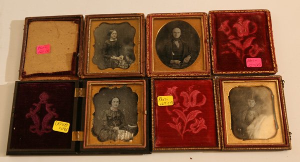 4 DAGUERREOTYPES OF STEPHENSON'S: All sixth plates and mounted in original cases, includes two different portraits of the lovely and young Mrs. Helen I. Stephenson and two of John L. Stephenson, one of hers is in a dark brown Union ty