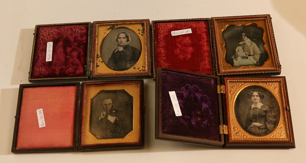 4 DAGUERREOTYPES OF STEPHENSON'S: All sixth plates and mounted in original cases and three in original seals. Includes two photos of the lovely young mother Helen I. Stephenson, one with infant son William F. Stephenson, one of her hu