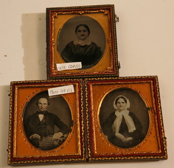 AMBROTYPE & DAGUERREOTYPES OF STEPHENSON'S: All sixth plates, includes an ambrotype identified as “Aunt Taby Stephenson” in half case; plus a double sixth plate case with daguerreotype portrait of the same woman and her husband, both with o