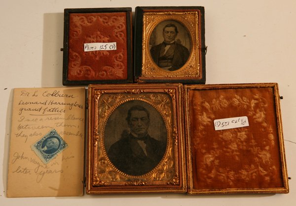THREE PHOTOS OF DR. L. COLBURN: An interesting group which has a ninth plate ambrotype half-length portrait of this Middle aged Dr., mounted in full case; plus a sixth plate copy ambrotype of the smaller portrait, also in full case 