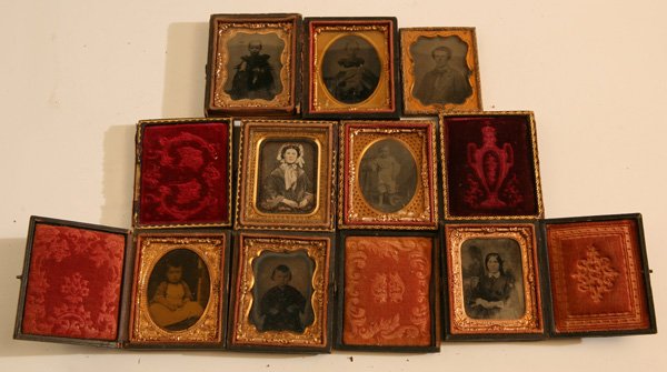 LG. GROUP OF CASED PHOTOGRAPHS: Lot of 8, all ninth plate images, all from the Stephenson family photo archive, N.Y. area. Includes one daguerreotype portrait of a young lady; one ambrotype portrait of a young lady; 4 ambrotype port