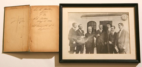PHOTO & BOOK FROM T. ROOSEVELT S.A. EXPEDITION: Lot includes a 1908 book presented to Leo E. Miller from Teddy Roosevelt during Roosevelt's South American Expedition of 1913-1914. the book is titled "Lectures & Essays by Thomas Henry Huxley". It is