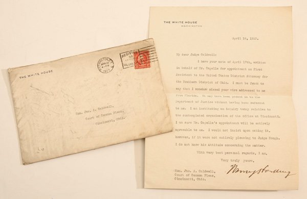 PRESIDENT WARREN G. HARDING TLS ON WHITE HOUSE: Cover/envelope dated April 19, 1923 and addressed to “Hon. Jno. A. Caldwell, Court of Common Pleas, Cincinnati, Ohio” with single folded letter sheet reading “My dear Judge Caldwell: I have your