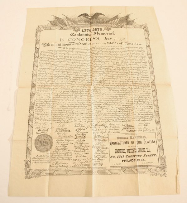 MCBRIDE'S CENTENNIAL BROADSIDE OF THE DECLARATION OF: Marked “Copyrighted in the year 1874 by James D. McBride” in lower left corner and entitled: “1776-1876 Centennial Memorial” being a copy of the Declaration of Independence, printed in Philade