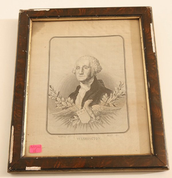 WOVEN SILK STEVENGRAPH PORTRAIT OF WASHINGTON: An 8 x 10” woven silk shoulder length portrait with laurel branches and spread winged U.S. shield breasted eagle below with triple line surround and entitled in weaving “Washington” below. Mount