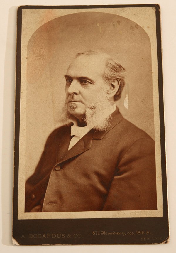 AUTOGRAPHED PHOTO OF DR. D.W. BLISS: An albumen boudoir card with imprint of “A. Bogardus & Co., N.Y. with half length photo of Bliss. Inked inscription on reverse reads “To my friend and cousin/Jos. ??????/D.W. Bliss M.D./Washington