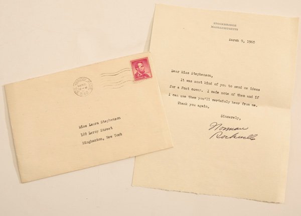 NORMAN ROCKWELL AUTOGRAPH: A typed letter with cover from Norman Rockwell dated March 9, 1960 reading “Dear Miss Stephenson, It was most kind of you to send me ideas for a Post cover. I made note of them and if I can use them