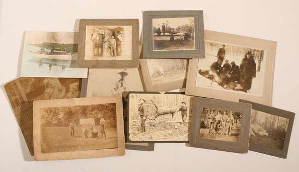 UNUSUAL HUNTING & FISHING PHOTOGRAPHS: Lot of 11 including a 4 x 5” hunting camp scene dated 1899 on card stock showing 4 men with rifles outside their canvas tent with 4 deer hanging from log skinning pole, background shows deforested h
