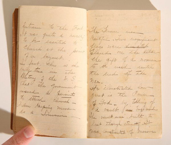 1917 MANUSCRIPT DIARY DESCRIPTION OF GLEN CURTISS'S: A 48pp manuscript diary in pencil and ink dated April 1919 in a lined crown sixteenmo (3.5 x 6”) notebook in brown card stock wraps with sewn binding. This diary begins “Round About Old Point Comf