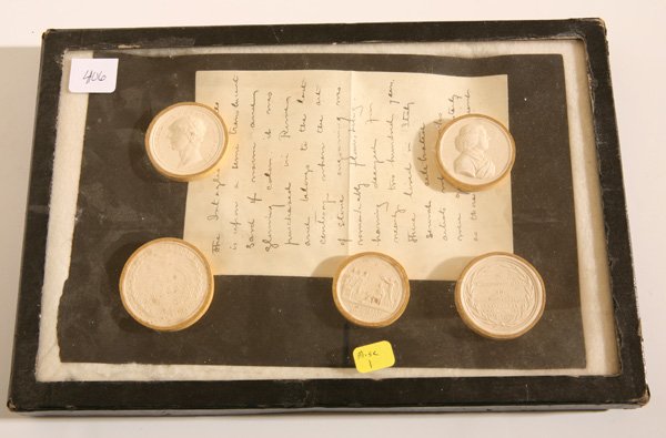 EARLY 19 CENT. BRITISH MEDAL CASTS W/1894 LETTER: Lot of 5, all made during the first quarter of the 19th century. All are plaster castings with fine detail and with gilt foil edging. Two of the 5 are dated and all inscriptions are in Latin. One made