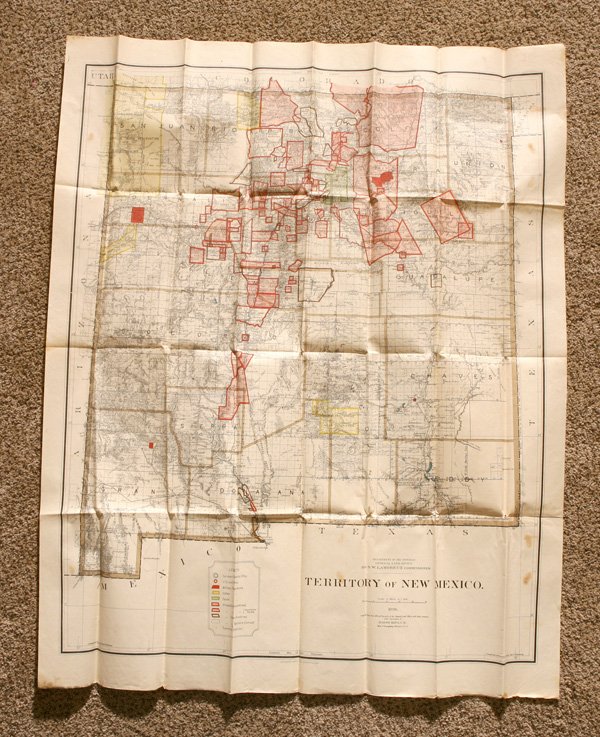 1896 MAP OF TERRITORY OF NEW MEXICO: Of the above title published by the Department of the Interior, General Land Office, Harry King, Chief Engineer, a colored 21 x 35” map showing Indian lands, military and privately held lands with t