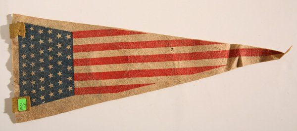 RARE 1909 HUDSON FULTON PENNANT: In blue and orange felt with black lettering reading “Hudson Fulton Celebration 1609 1909” with attached blue card stock disc with portraits of Hudson and the Half Moon and Fulton and the Clermont