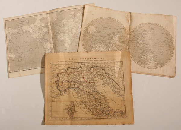 LOT OF 4 EARLY ATLAS MAPS: Including two different world maps, both from the same unknown atlas; including a hemispheric map entitled “The World”, 10.25 x 15.75”; plus 2nd from same atlas entitled “The World on Mercator