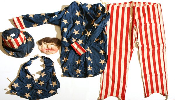 EARLY UNCLE SAM COSTUME: Five piece in printed cotton, with red & white striped pants, blue and white starred vest, jacket in blue and white stars with red and white striped edging, top hat with brim and top in blue with whit