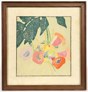 EDNA BOIES HOPKINS (NY/OH) PENCIL SIGNED WOOD BLOCK: Edna Boies Hopkins (Michigan/Ohio/New York/Massachusetts/Paris, 1872-1937)12" high x 10.5" wide wood block print, titled "Trumpet Vine." Pencil signed lower left "Edna Boies Hopkins," and pencil numbe