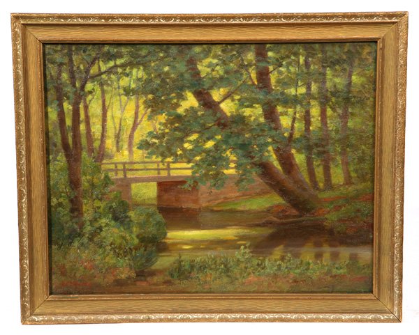 WILLIAM V. GEORG (MILWAUKEE, WISCONSIN) OIL PAINTING: William V. Georg (Milwaukee, Wisconsin, 1853-1923) 13 3/4" x 17 1/2" oil on canvas of a shady stream with a bridge back lighted with a pool of sunlight. Signed lower left "Wm. V. Georg".