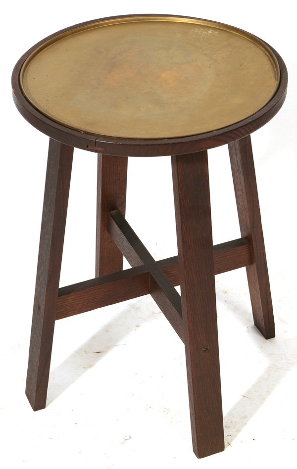 BRASS TOP DRINK STAND ATTRIBUTED TO L. & J.G. STICKLEY: With splined circular top and cross stretchers. Attributed to L. & J.G. Stickley Onondaga Shop. Excellent original finish. 16 3/4 x 12 1/2 x 24 1/2 high.