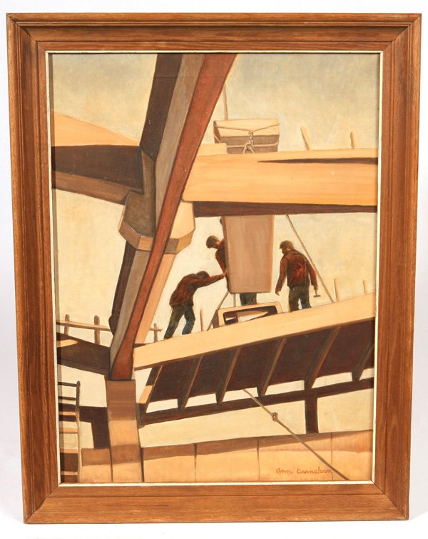 ANN CARNAHAN WPA OIL PAINTING: Ann Carnahan 23 1/2" x 17 1/4" oil painting on canvas in the WPA style, Circa 1930-1940's. A well done painting of men at work in the industrial style of the pre-WWII period.