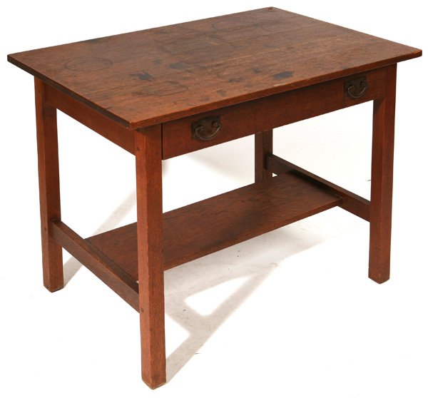GUSTAV STICKLEY LIBRARY TABLE #650: One drawer with original iron hardware. Good original finish. Signed with branded mark. 30" high x 36" wide x 24" deep.