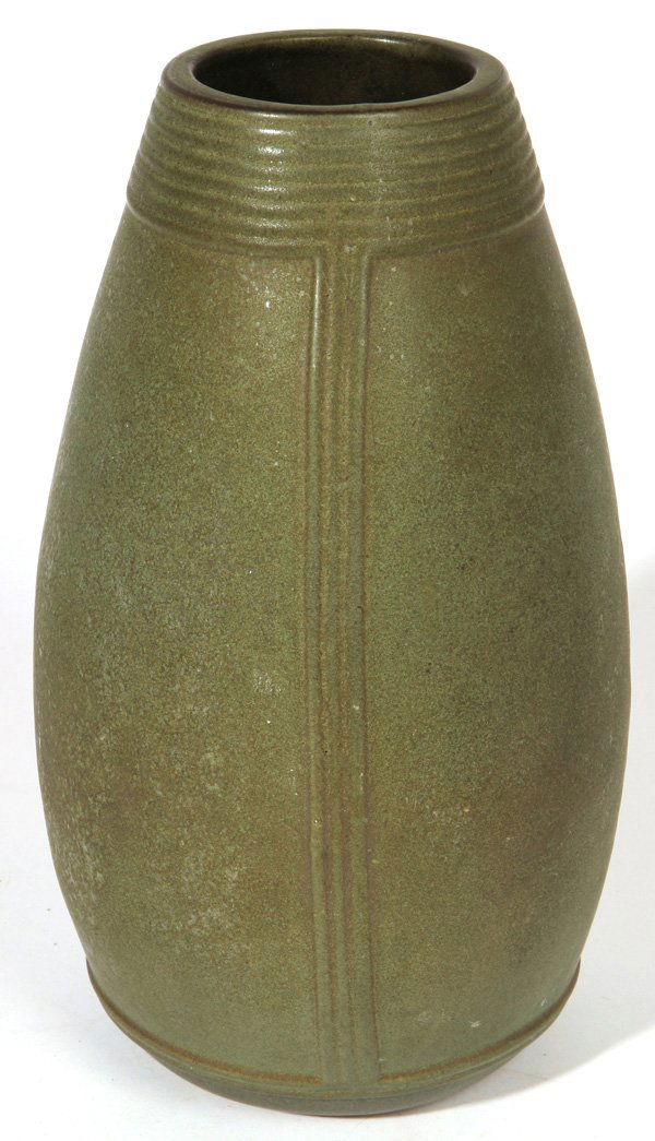 CONTEMPORARY ARTS & CRAFTS STONEWARE VASE: In Teco style green mat glaze signed on base, 1.5”high.