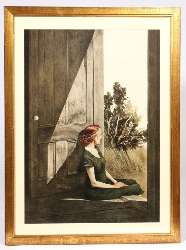 ANDREW WYETH (PA/ME) COLOR COLLOTYPE: Andrew Wyeth (Pennsylvania/Maine, 1917-2009) 24" x 17" color collotype titled "Christina Olson", from the Limited Edition (No. 156 or 250) Portfolio printed in 1945 by the Triton Press for Phillip Hof