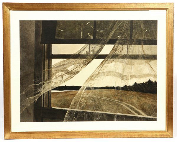 ANDREW WYETH (PA/ME) COLOR COLLOTYPE: Andrew Wyeth (Pennsylvania/Maine, 1917-2009) 16 1/2" x 23 1/2" color collotype titled "Wind from the Sea", from the Limited Edition (No. 156 or 250) Portfolio printed in 1945 by the Triton Press for P