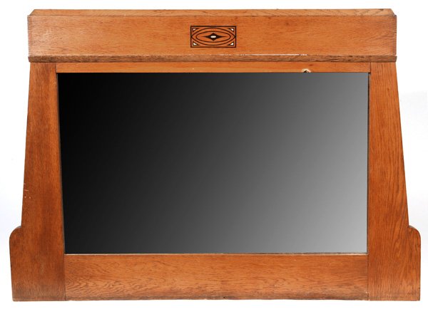 ARTS & CRAFTS INLAYED HANGING MIRROR: Floral sides with black ebony m.o.p. inlay at top. 28 1/2" high x 41 1/2" wide.