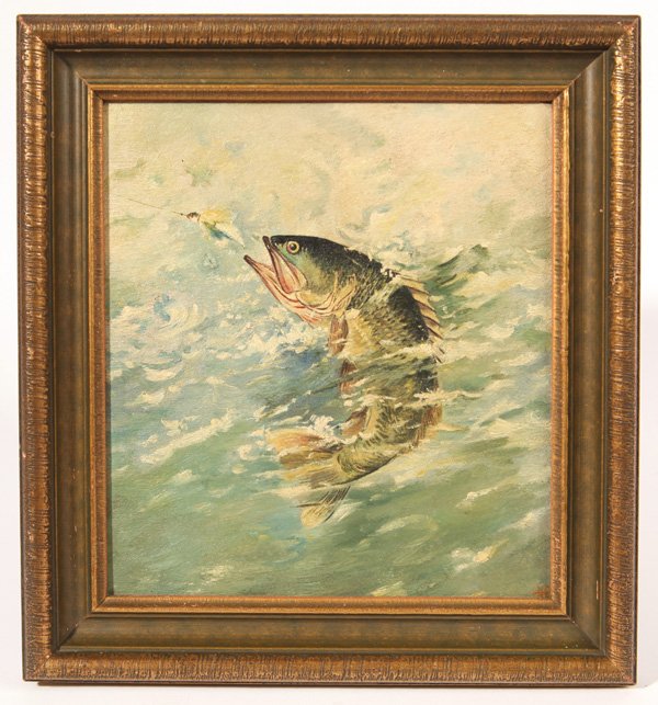 Late 19th Century Monogrammed Oil Painting of Fish: 9 1/2" x 8 1/2" oil on board. Well done late 19th century, early 20th century oil painting depicting a large mouth bass breaking the water chasing a fishing lure. Signed with monogram at lower right, 