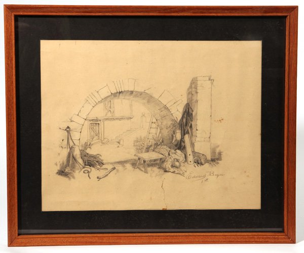 Edward Beyer (PA, VA, Germany) Pencil Drawing: Edward Beyer (Pennsylvania/Virginia/Germany 1820-1865) 13" H x 17" W sight, pencil drawing of a barnyad scene on paper, signed lower right, "Edward Beyer" and "1st." Beyer was one of the earliest prof