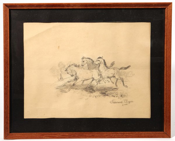Edward Beyer (PA, VA, Germany) Pencil Drawing: Edward Beyer (Pennsylvania/Virginia/Germany 1820-1865) 13" H x 17" W sight, pencil drawing on paper of horses. Signed lower right, "Edward Beyer" and "2nd." Beyer was one of the earliest professional