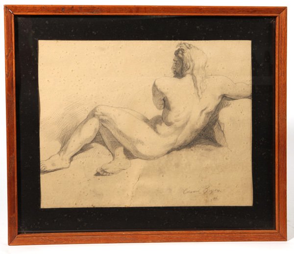 Edward Beyer (PA, VA, Germany) Pencil Drawing: Edward Beyer (Pennsylvania/Virginia/Germany 1820-1865) 13" H x 17" W sight, pencil drawing of a male nude. Signed lowe right, "Edward Beyer" and "5th." Beyer was one of the earliest professional lands