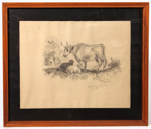 Edward Beyer (PA, VA, Germany) Pencil Drawing: Edward Beyer (Pennsylvania/Virginia/Germany 1820-1865) 13" H x 17" W sight, pencil drawing of a cow and sheep. Signed lower right, "Edward Beyer" and 10th." Beyer was one of the earliest professional